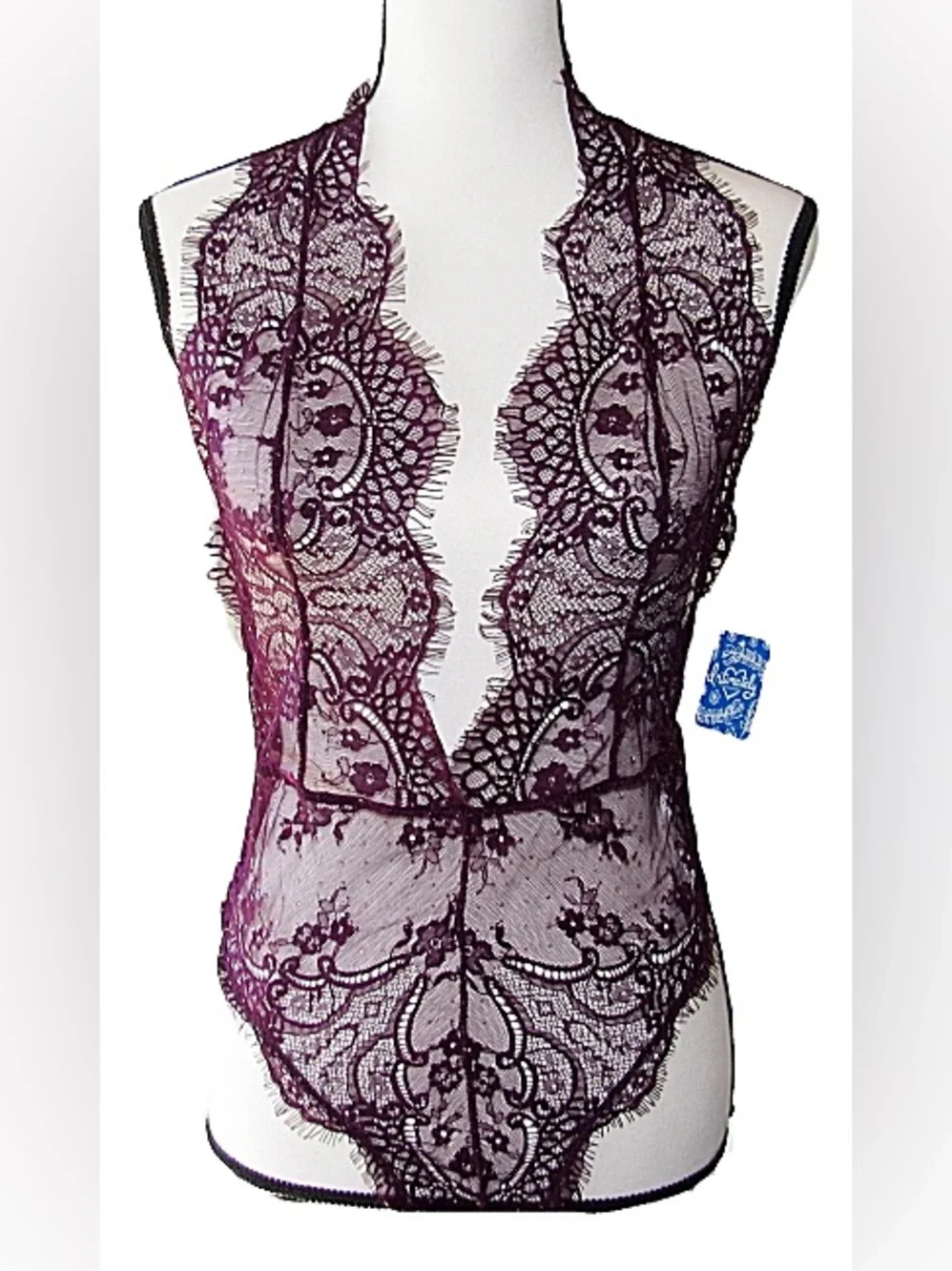 New Free People Showoff Lace Mesh Bodysuit Small in Fig Combo
